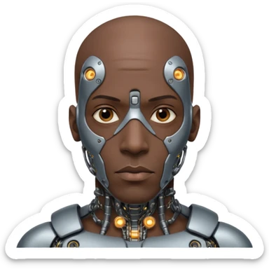 bald black man, vertical half of his face covered in cyborg augmentations sticker