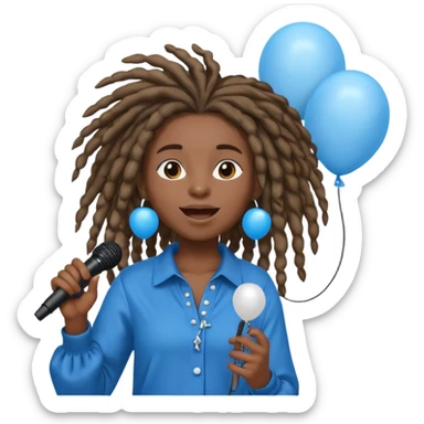 Black girl Stud with dreadlocks singing 1,2,3 release em with white and blue balloons flying overhead emoji like with mic in hand  sticker