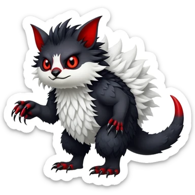 a white exotic edgy vernid-fionbr-Fakémon-creature, with black belly and red eyes, full body sticker