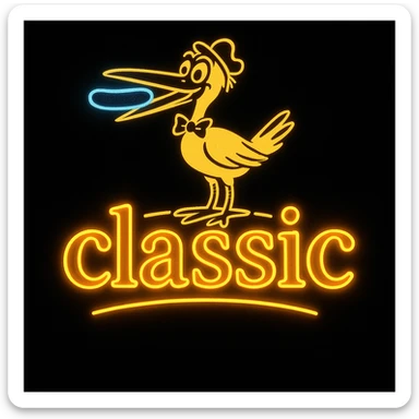 Edit the sign to change the word 'classic' to appear in a bright neon style, as if made from glowing neon tubing, while keeping the Vlasic logo look, the stork mascot, and the hand drawn doodle style. Maintain the hand drawn doodle style but emphasize the neon glow effect on the word 'classic'. sticker