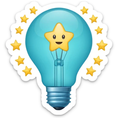 Light bulb icon with three small stars inside the bulb, flat emoji style, outline with blue and turquoise colors, white background sticker