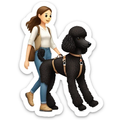 3 legs One Small unshaved Black Poodle with brown harness is walking with a pretty girl sticker