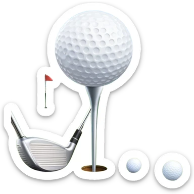 A golf ball on a tee with a golf club placed beside it, set against the backdrop of a well-manicured green golf course. The scene emphasizes the equipment and serene atmosphere of the sport, with soft lighting and a peaceful, open landscape sticker