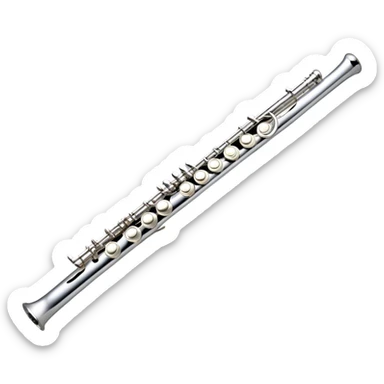 Create an elegant and refined emoji representing a classical silver flute. The design should showcase the sleek, polished silver body of the flute with its keywork and tone holes clearly visible. Highlight the smooth, straight shape of the instrument with subtle light reflections on its metal surface. The keys should be delicately detailed, with their small, round pads visible. Add a slight shine to the flute’s surface to reflect its high-quality craftsmanship. Optionally, include subtle musical notes floating around the flute to evoke its light, melodic sound. The background should be transparent. sticker