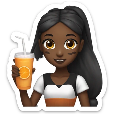 Ariana grande with black skin holding a cookie and Orange juice with dark hair and high ponytail sticker