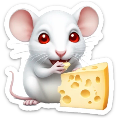 White rat with red eyes eating cheese sticker