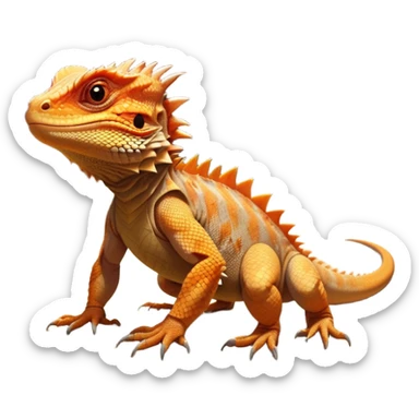 cinematic-bearded-dragon-realistic-full-body-standing on all fours-emoji,-rough-scaled-body-balanced-on-strong-legs,-spiky-throat-slightly-flared,-head-tilted-dramatically,-warm-orange-and-brown-patterns-glowing-under-the-sun,-simplified-yet-realistic-focused-features,-highly-detailed,-glowing-with-an-almost-sarcastic-glow sticker