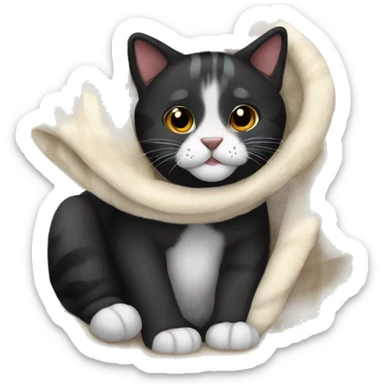 Black tiger cat with white mouth, white neck, with a cozy blanket sticker