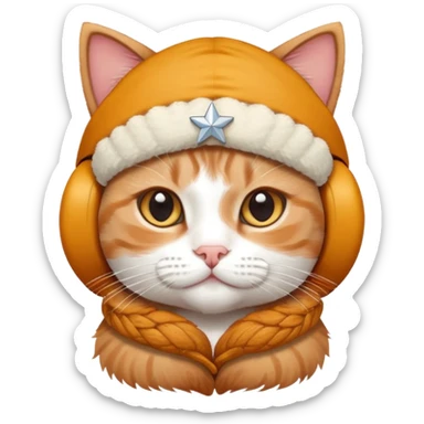 Scottish cat in earflaps with a star sticker