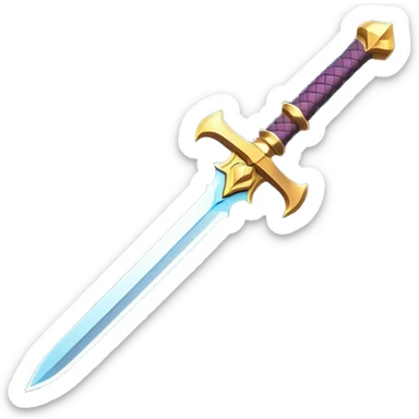 Clash of Clans aesthetic: Cinematic Playful Sword Emoji, rendered in a 3D vector-style similar to standard emojis with minimal shading and bold, simplified shapes. A compact, isometric blade with a gleaming, intricately designed hilt and a razor-sharp edge, softly glowing with a heroic, battle-ready charm. Simplified yet unmistakably iconic, highly detailed and consistent, glowing with a soft radiant brilliance and high shine. Stylized with a touch of medieval finesse and a soft glowing outline, capturing the essence of a legendary sword with a friendly, playful vibe! sticker