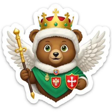 Sweet brown bear face with green eyes, white fluffy ushanka hat with Russian coat of arms showing golden eagle with spread wings, crowns, scepter, orb, and St. George shield, iOS emoji style sticker