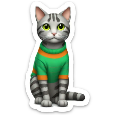 A striped grey cat with green eyes with orange sweater in full growth sticker