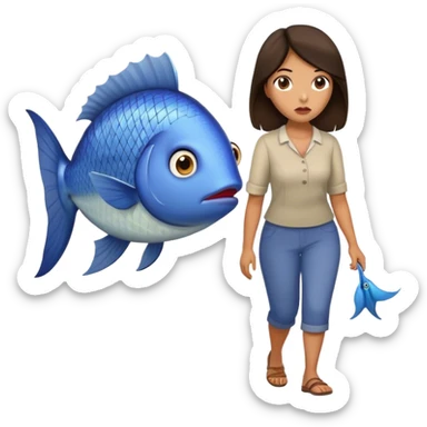 Annoyed Brunette Woman walking with huge fish sticker