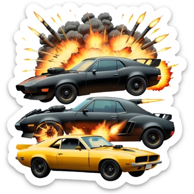 Photorealistic Icon for Action Movies: Dynamic close-up collage of iconic action movie scenes featuring explosions, fast car, combat and weapons. Include silhouettes of famous action heroes, dramatic lighting and a sense of high-octane energy. Transparent background. sticker