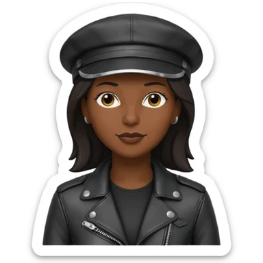 a leather Dom lesbian woman in her 40s with a black leather cap and black leather jacket sticker
