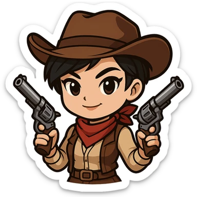 Transform the chibi ninja girl into a chibi cowgirl: add a cowboy hat, western-style outfit with a vest and bandana, replace the swords with two revolvers. Keep her short hair, confident pose, and chibi/anime style. Transparent background, sized for Twitch or Discord use. sticker