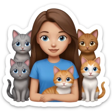 a pretty bratz dusky light skin girl with long brown hair, blue eyes with six cats nd wearing a grey tshirt sticker