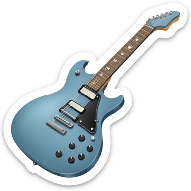 A gray-blue electric guitar with a black pick guard and only one volume knob, make the head tan sticker