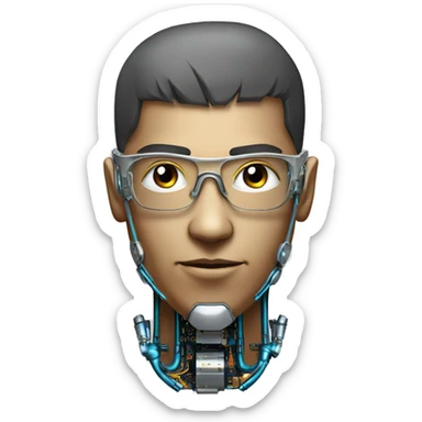 Male cyborg head with metallic skin, flat top, rectangular glasses and circuits sticker