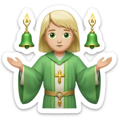 a priest, green eyes, blonde hair, light green wide, flowing, bell-shaped outer robe. opening arms, gazing thoughtfully. Soft light, subtle fern. Waist-up, profile. sticker