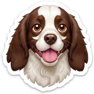 Cinematic Comical Springer Spaniel Portrait Emoji, Head tilted dramatically with an exaggeratedly amused expression, featuring a striking liver and white Fur with dynamic patterns, wide, expressive brown eyes filled with playful disbelief, Simplified yet hilariously expressive features, highly detailed, glowing with a slightly sassy glow, high shine, dramatic yet playful, stylized with an air of cheeky mischief, bright and endearing, soft glowing outline, capturing the essence of a spirited and over-the-top companion, so meme-worthy it feels like it could side-eye its way into internet fame instantly! sticker