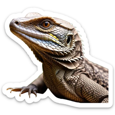 Cinematic Noble brown monitor Lizard Portrait Emoji, Poised and regal, with a robust, scaled body exhibiting striking, mottled patterns and piercing, alert eyes, Simplified yet sharp and sophisticated features, highly detailed, glowing with a soft, earthy glow, high shine, intelligent and formidable, stylized with an air of ancient wilderness, focused and commanding, soft glowing outline, capturing the essence of a watchful and confident reptilian guardian that appears ready to stride out of the screen with effortless authority! sticker