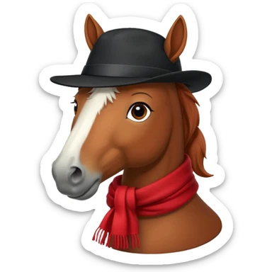 fabulous funny winter horse in a black hat cap with a red scarf sticker