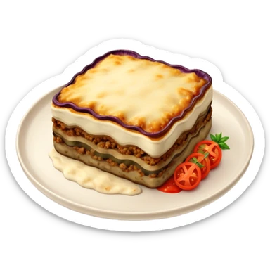 Moussaka Cinematic Realistic Moussaka Dish Emoji, depicted as a rustic serving of moussaka with layers of soft eggplant, ground meat, and a creamy topping featuring a delightfully crispy corner, rendered with rich textures and warm, inviting lighting. sticker