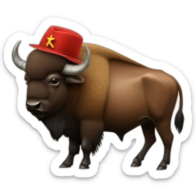 bison wearing a hat with a hammer and sickle sticker