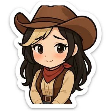 Chibi cowgirl with slightly longer hair and a blonde streak, wearing a cowboy hat and western outfit, no guns, chibi/anime style, transparent background, sized for Twitch or Discord use. Pose: hands clasped in front, shy and blushing expression. sticker