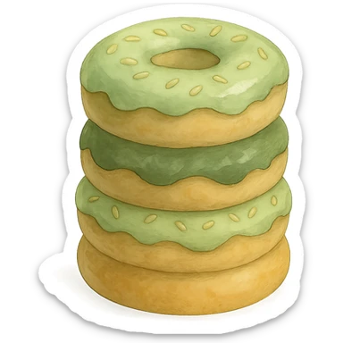 Stack of donuts in Ghibli style, detailed, soft green colors, with no background sticker