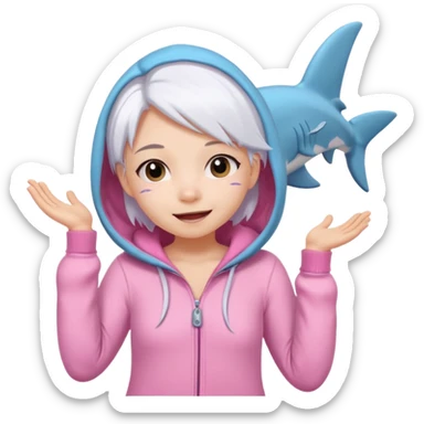 cute girl with white hair wearing a pink shark onesie, showing playful emotions sticker