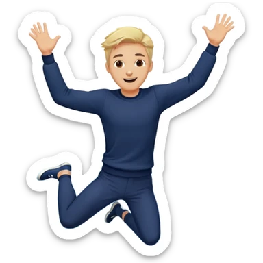 Expressive ,Blond man with brown eyes,jumping for joy, cartoon style,navy-blue, background has sea sticker