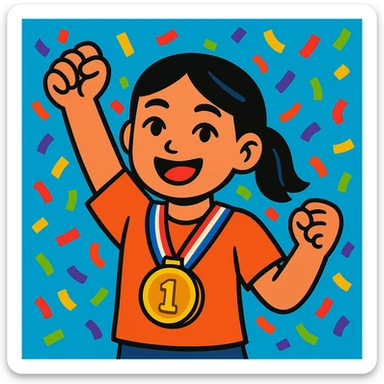 asian girl with a medal around her neck, confetti background, colorful illustration sticker