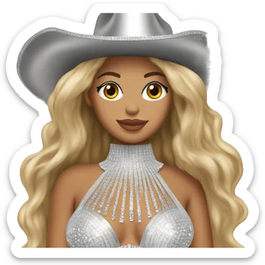 beyoncé in a silver crystal outfit wearing a silver crystal cowboy hat sticker