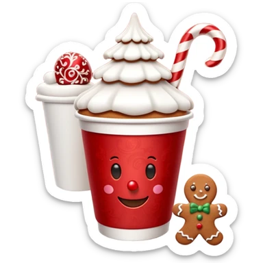 3D emoji of a festive paper cup from the Moscow Red Square Christmas fair. The cup features traditional Russian red and white ornaments. Steam is rising from the top, with a cinnamon stick and a small gingerbread man cookie peeking out. Glossy paper texture, soft 3D render, sticker
