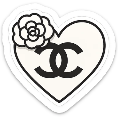 Chanel heart, cute, black and white, with a camellia flower, chibi stickers style sticker