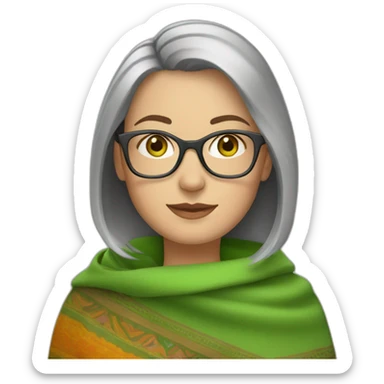 white-woman-with-gray-short-bob-green-eyes-and-brown-glasses-wearing-colorful-shawl sticker