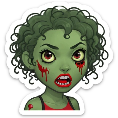 zombie girl with curly black hair and red streaks, memoji style, expressive face, zombie details sticker