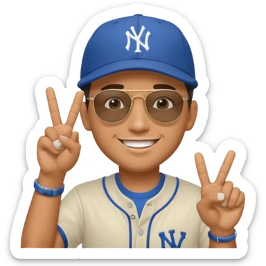 Cool hip guy with NY baseball cap and sunglasses doing a peace sign with one of his hands sticker