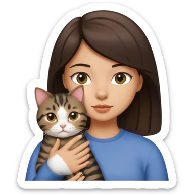 Brunette girl with light tan skin holding a fat black tabby cat sticker