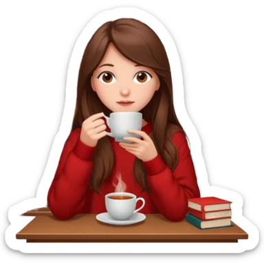 Read hair girl in red oversized sweater sipping tea with a stack of books beside her  sticker