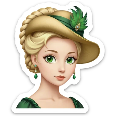 lady with Pale complexion, sharp features, high cheekbones, Blonde hair, usually styled in regancy braided updo, green eyes accessorized with a feathered hat,  sticker