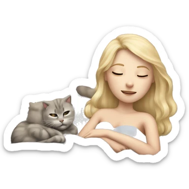 Blond girl sleeping in bed with one grey and one beige cat  sticker