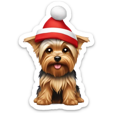 Yorkshire terrier sitting under Christmas hat sticker
