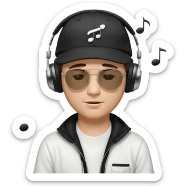 dj man white with baseball cap - rayban Sun Glasses 80s - brown hair - closed eyes with headphones on with musical note over head (listening to music ) - eyes closed no glasses - black hat  musical notes floating around head -  sticker