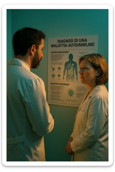 Realistic, detailed photo taken from behind of one doctor e un paziente —a bearded man and a middle-aged woman—standing and facing each other as they discuss an autoimmune disease diagnosis in front of a medical chart that displays information about the immune system and autoimmune conditions. The scene is illuminated by a yellowish, orange, warm light that softly envelops the doctors. The entire room is bathed in a single green-blue color, creating a cohesive and modern atmosphere. Both doctors wear white coats, and their body language suggests a serious, professional conversation about the complexities of autoimmune diseases. Shot with a Canon EOS R5, with high detail and natural depth of field. in italiano sticker