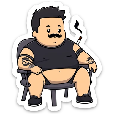 Overweight man sitting back in chair with legs spread, holding cigarette, exposed belly, round face, very short black hair (not bald), short beard with mustache, black t-shirt with light stripes on top, black shorts, arms covered in black line tattoo patterns on forearms and shoulders sticker