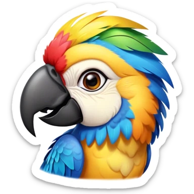Cinematic Cute Macaw Portrait Emoji, Head tilted playfully and inquisitively, with a dazzling array of colorful plumage and round, sparkling eyes filled with charm, Simplified yet irresistibly adorable features, highly detailed, glowing with a warm, friendly tropical glow, high shine, affectionate and lively, stylized with a touch of whimsical vibrancy, bright and endearing, soft glowing outline, capturing the essence of a mischievous yet loving parrot that seems as if it could flutter out of the screen into your arms! sticker