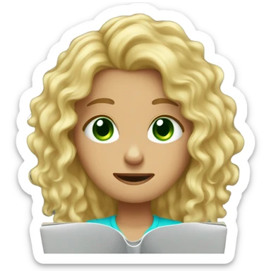 Long blonde curly hair green eyed girl working on laptop and crying  sticker